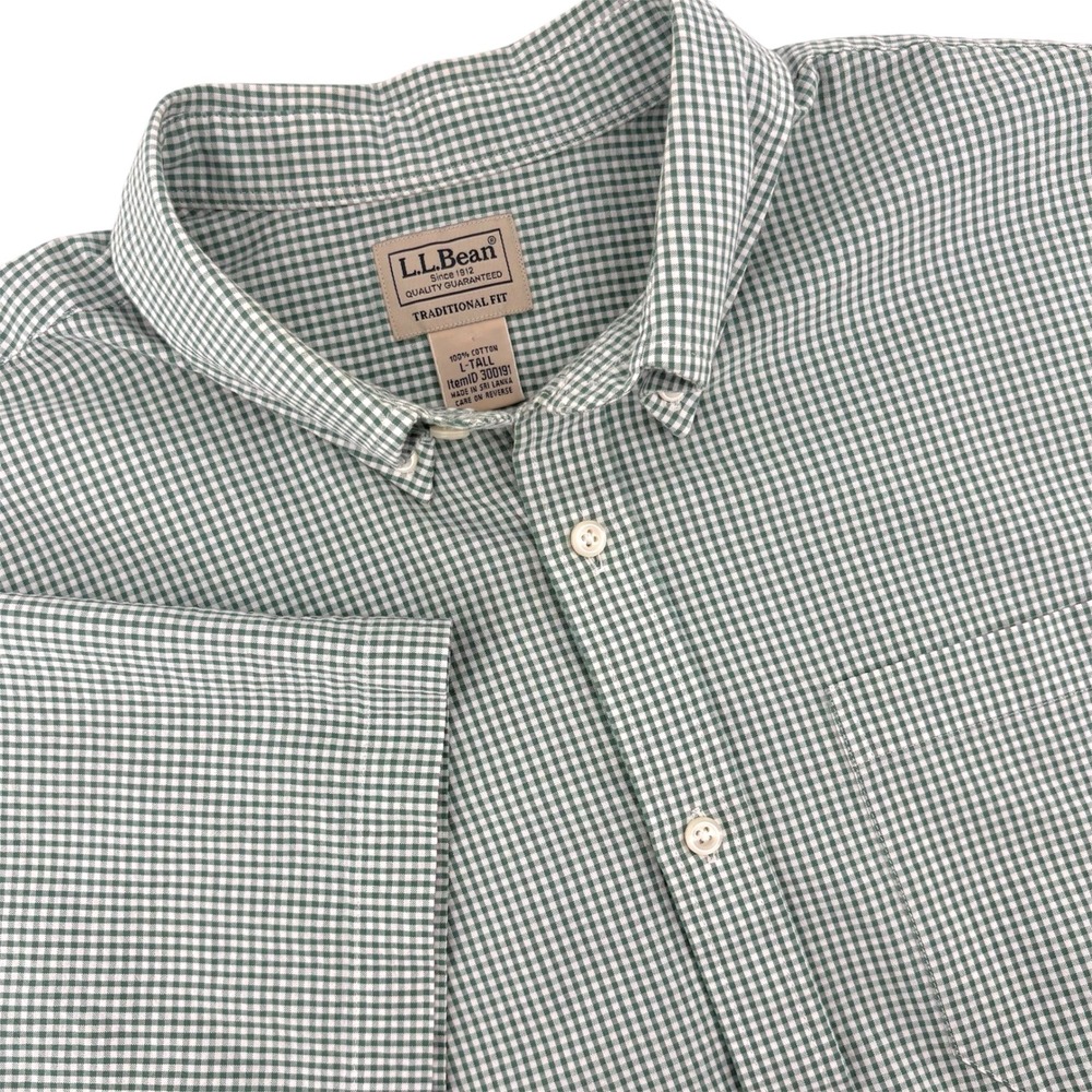 LL Bean Mens Green Gingham Short Sleeve Button Down Shirt Tall L 300191